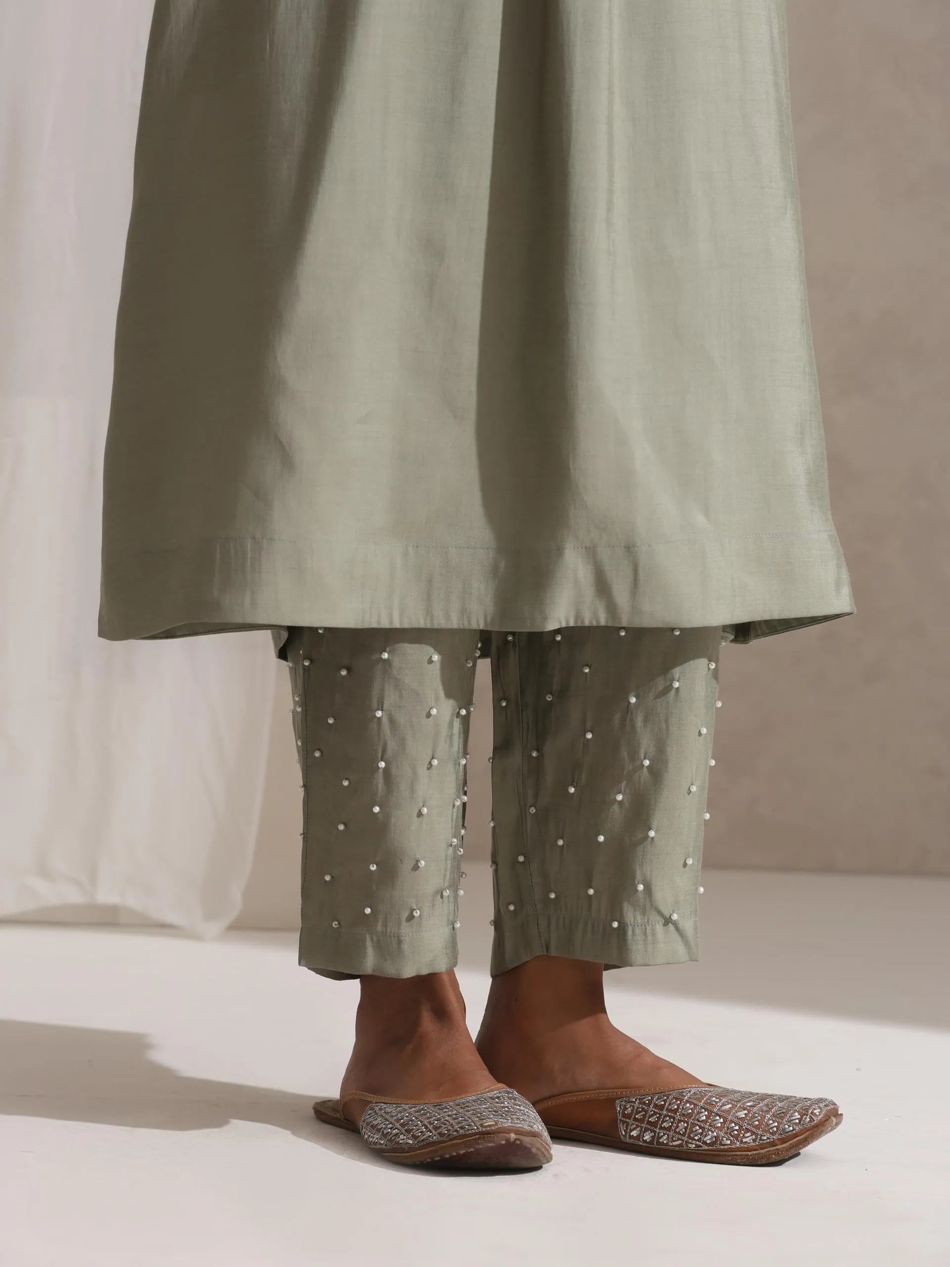 2 pc SET - Sage Kurta and Pyjama with Pearl Embroidery