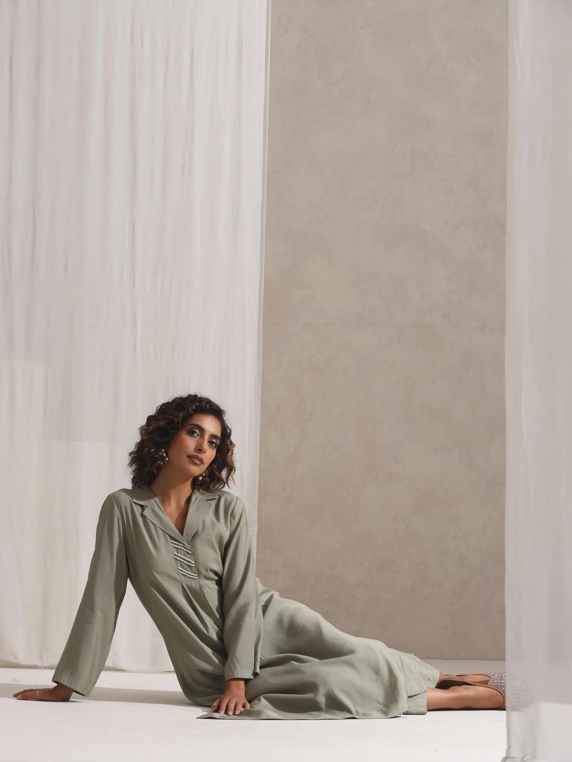 2 pc SET - Sage Kurta and Pyjama with Pearl Embroidery