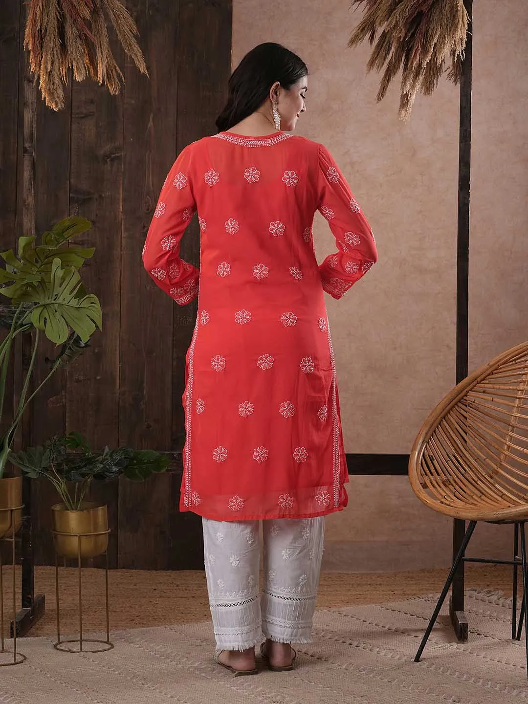 ADA Women Red & White Chikankari Hand Embroidered Semi-Sheer Straight Sustainable Handloom Kurta