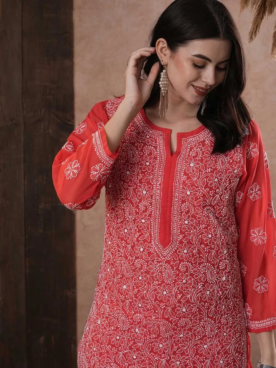 ADA Women Red & White Chikankari Hand Embroidered Semi-Sheer Straight Sustainable Handloom Kurta