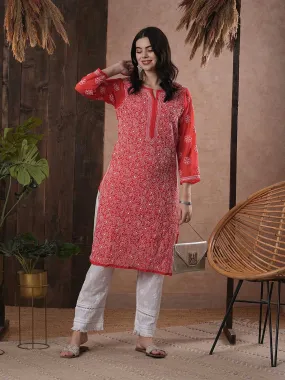 ADA Women Red & White Chikankari Hand Embroidered Semi-Sheer Straight Sustainable Handloom Kurta