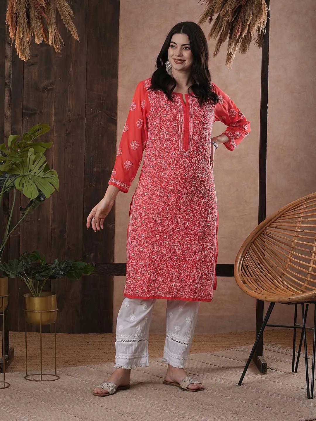 ADA Women Red & White Chikankari Hand Embroidered Semi-Sheer Straight Sustainable Handloom Kurta