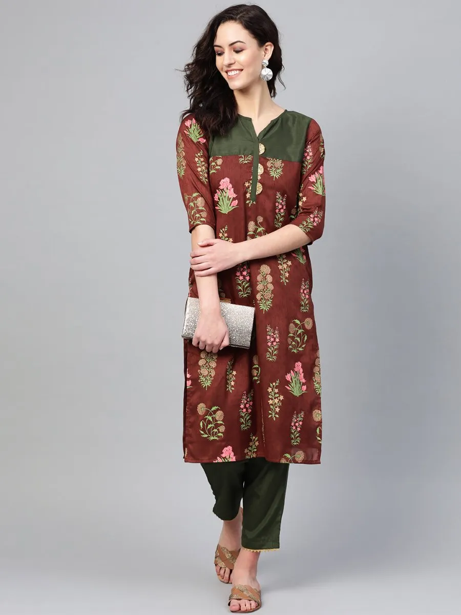 Ahalyaa Brown & Olive Green Printed Kurta with Palazzo