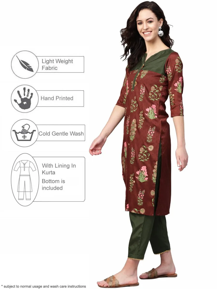 Ahalyaa Brown & Olive Green Printed Kurta with Palazzo