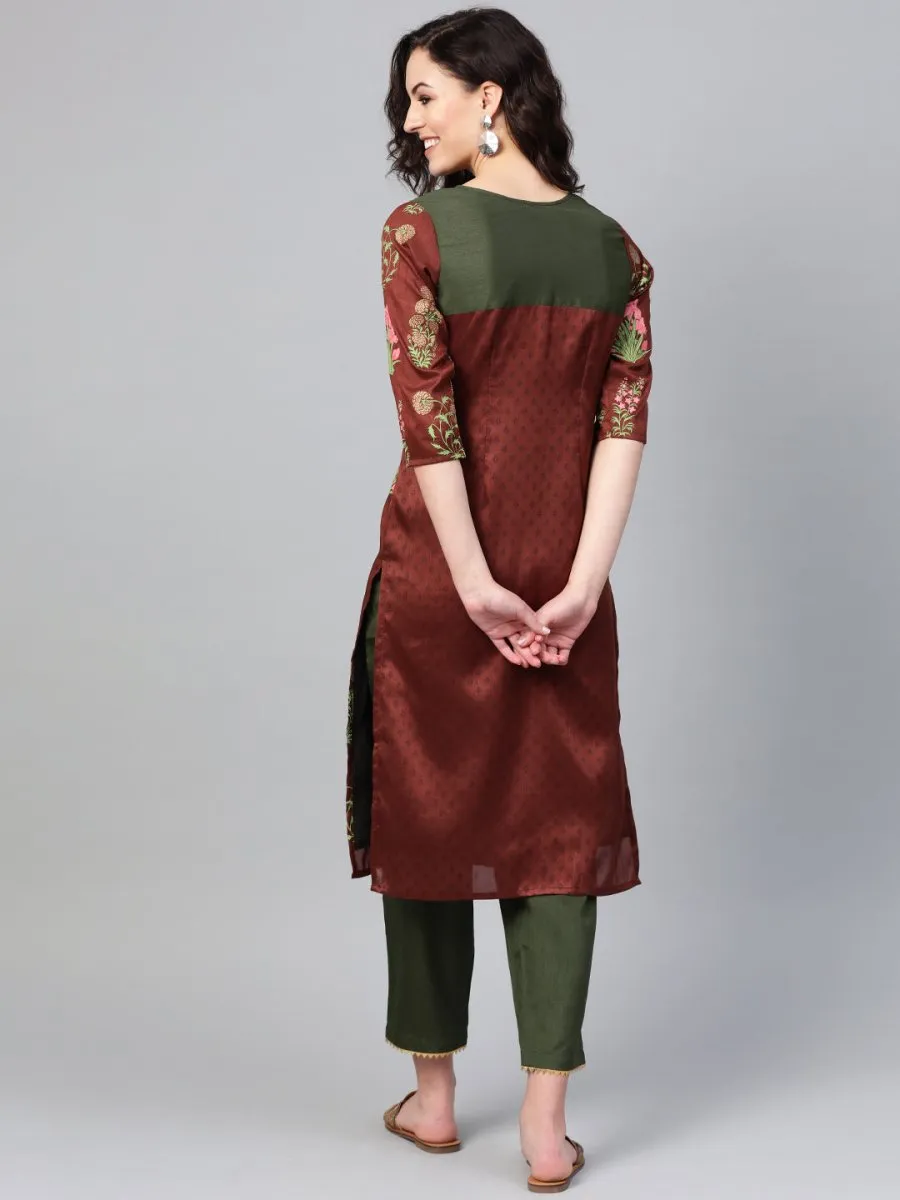 Ahalyaa Brown & Olive Green Printed Kurta with Palazzo