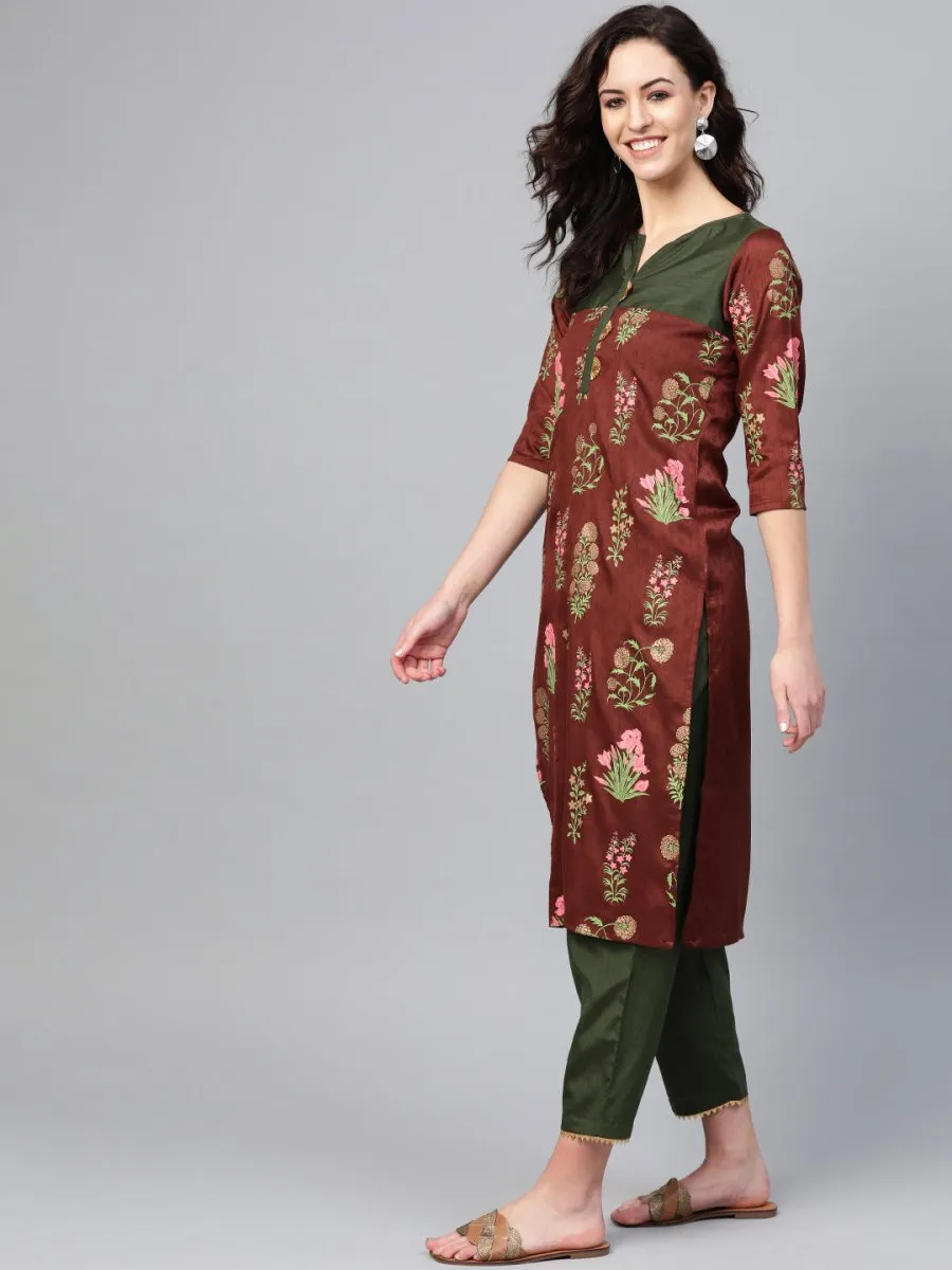 Ahalyaa Brown & Olive Green Printed Kurta with Palazzo