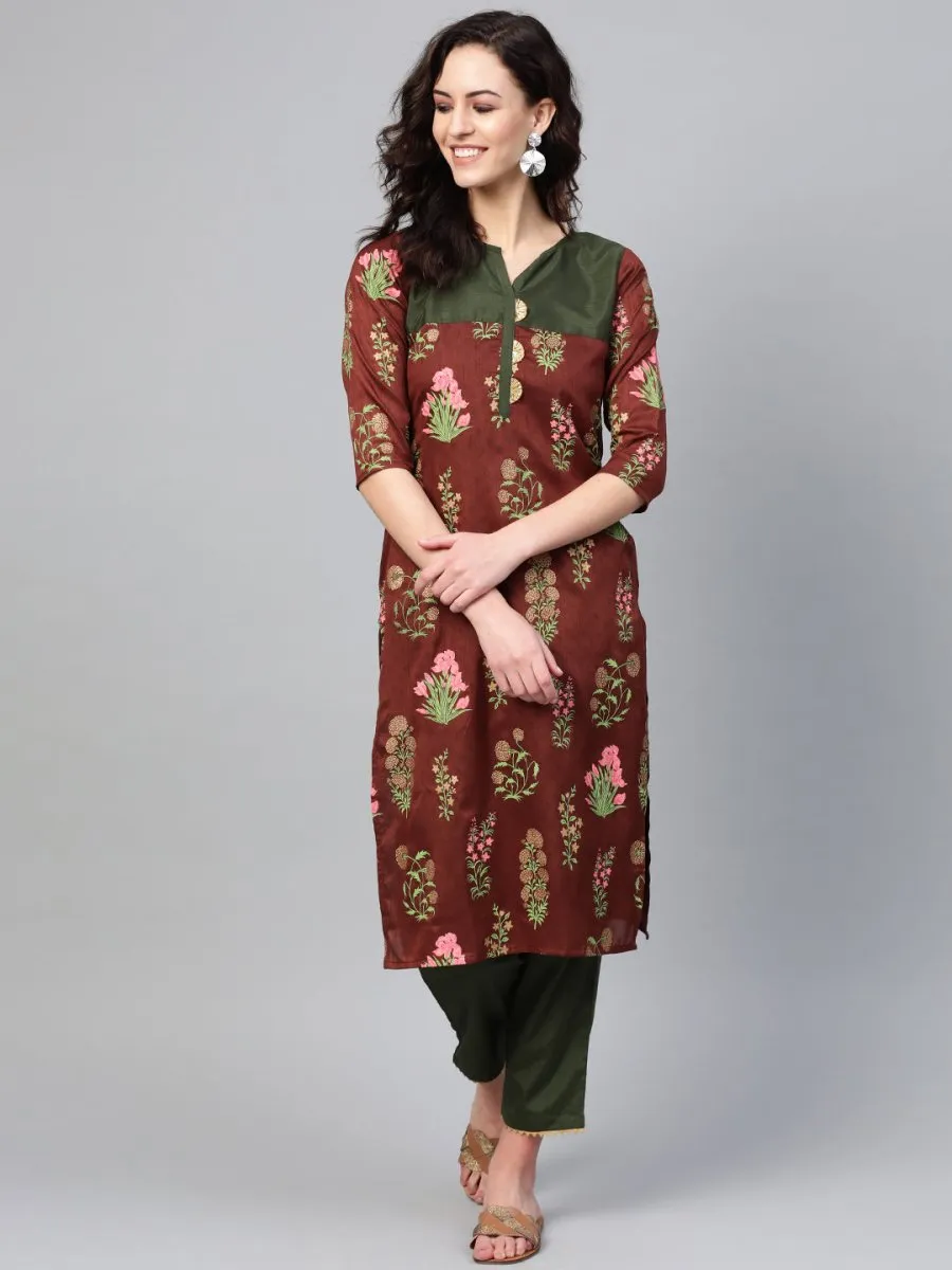 Ahalyaa Brown & Olive Green Printed Kurta with Palazzo