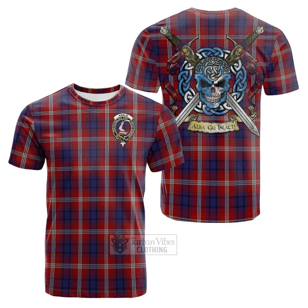 Ainslie Tartan Cotton T-shirt with Family Crest Celtic Skull Style