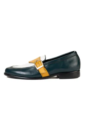 Ajadi Loafers in Olive Green and White Leather with Gold Strap Buckle