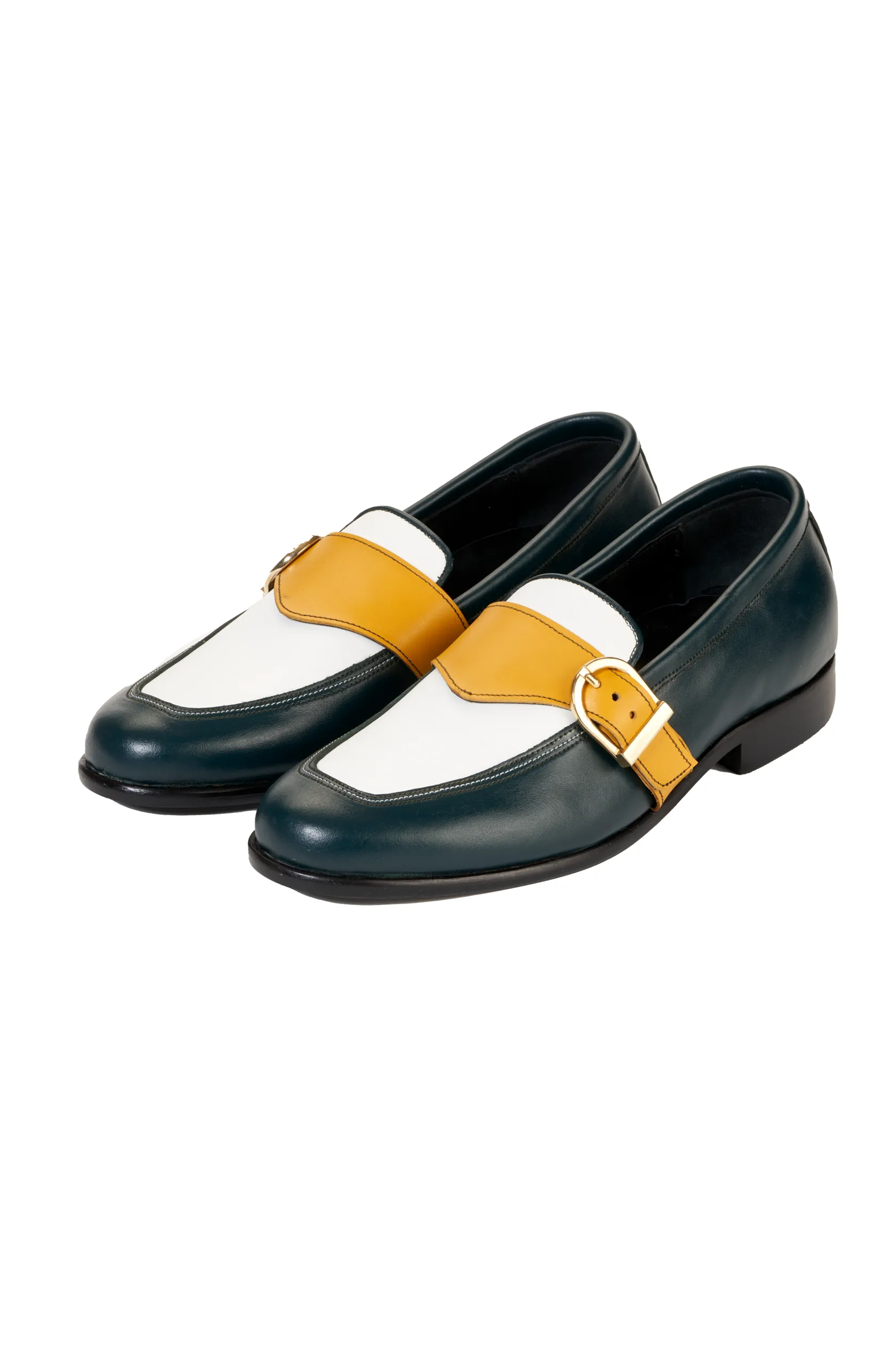 Ajadi Loafers in Olive Green and White Leather with Gold Strap Buckle