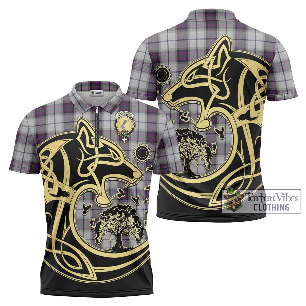 Alexander of Menstry Dress Tartan Zipper Polo Shirt with Family Crest Celtic Wolf Style