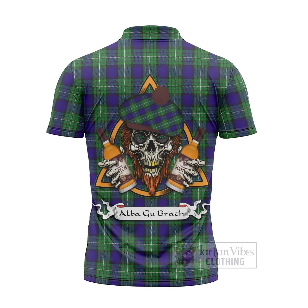 Alexander Tartan Zipper Polo Shirt with Family Crest and Bearded Skull Holding Bottles of Whiskey