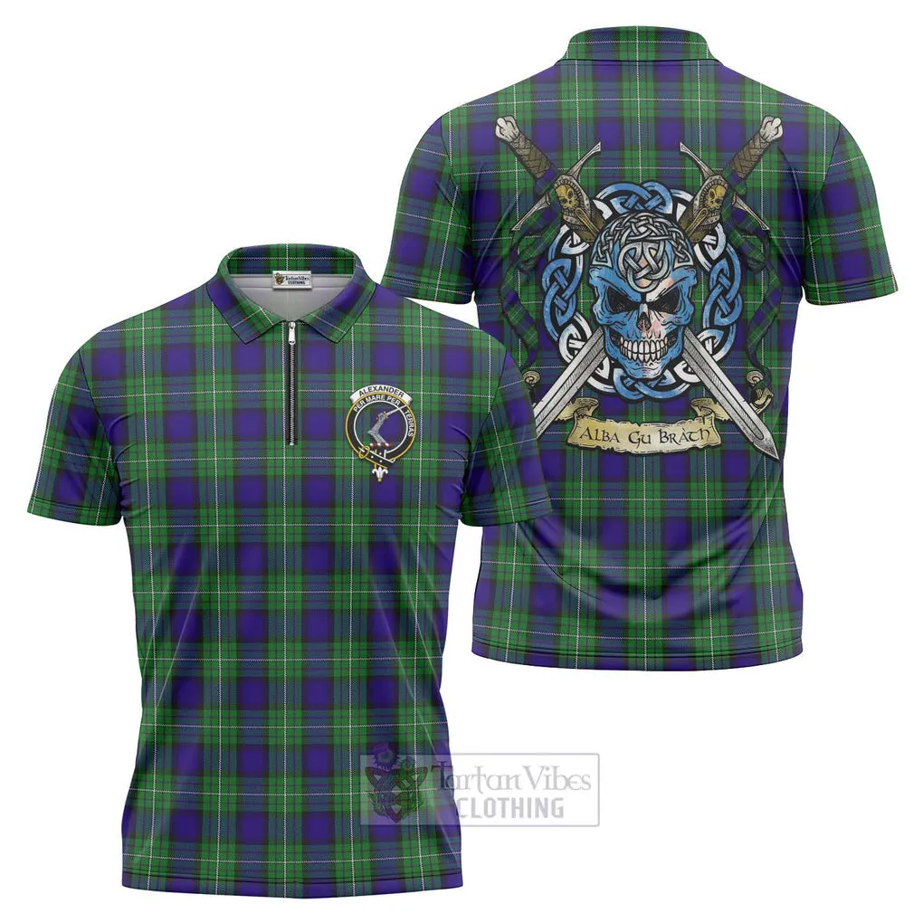 Alexander Tartan Zipper Polo Shirt with Family Crest Celtic Skull Style