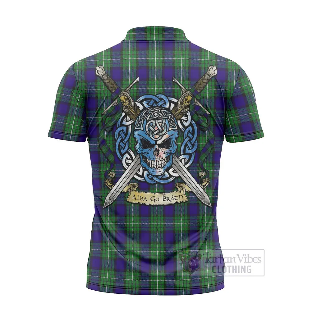 Alexander Tartan Zipper Polo Shirt with Family Crest Celtic Skull Style