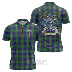 Alexander Tartan Zipper Polo Shirt with Family Crest Celtic Skull Style