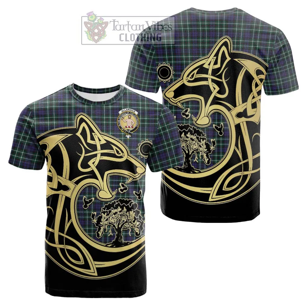 Allardice Tartan Cotton T-shirt with Family Crest Celtic Wolf Style