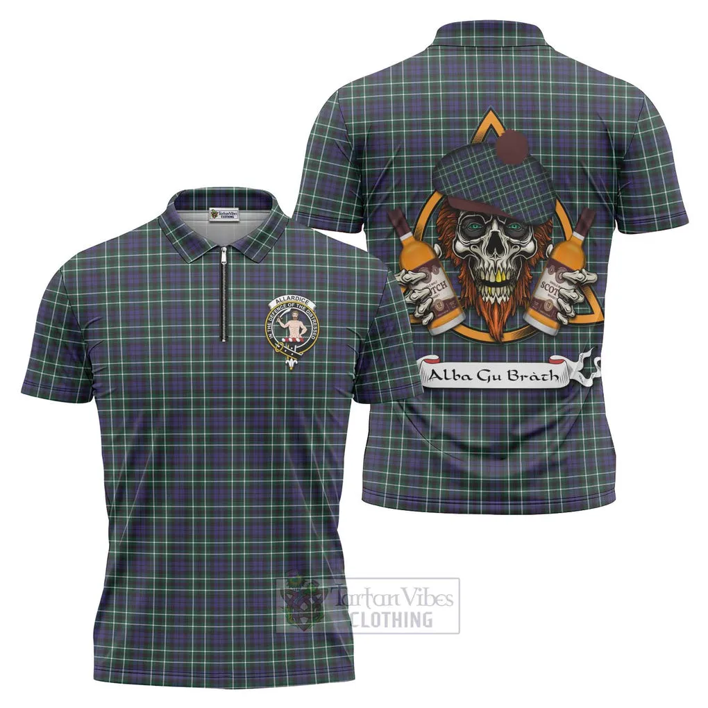 Allardice Tartan Zipper Polo Shirt with Family Crest and Bearded Skull Holding Bottles of Whiskey