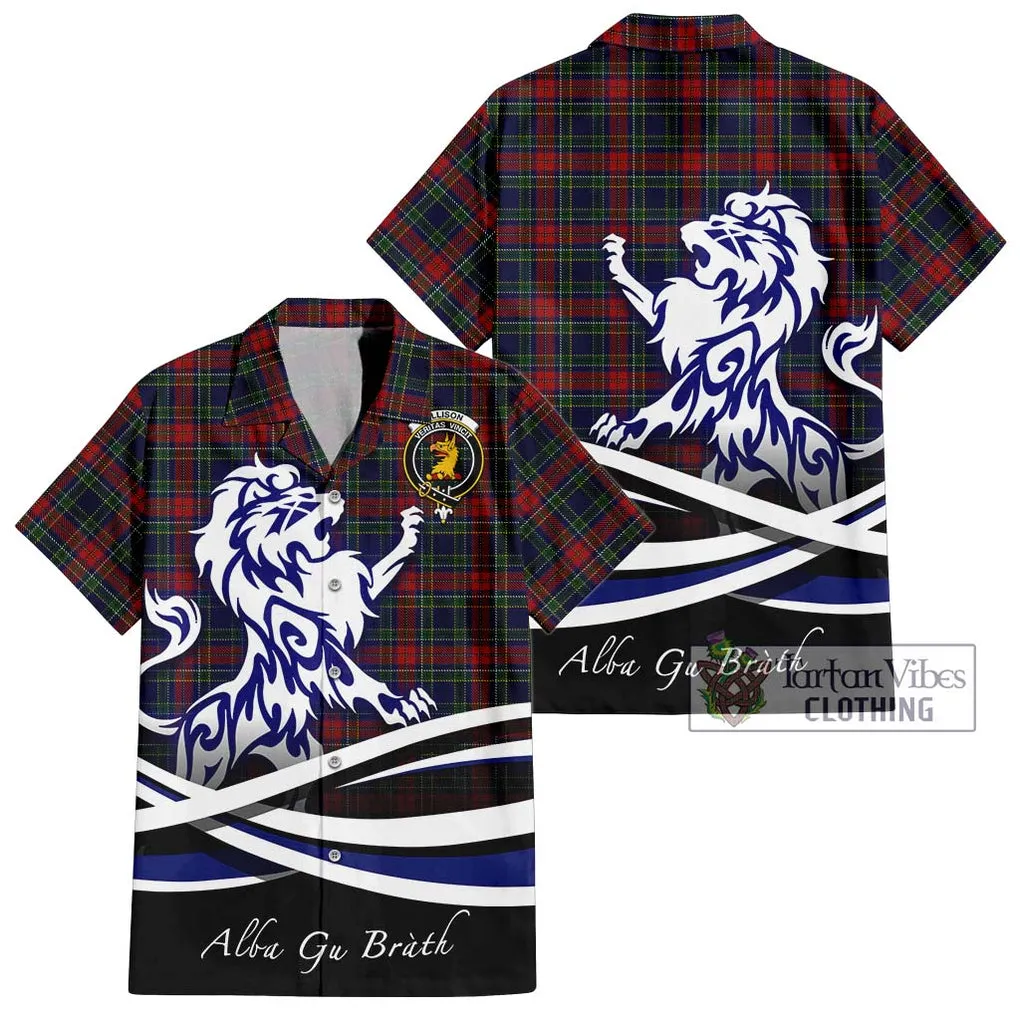 Allison Red Tartan Short Sleeve Button Shirt with Alba Gu Brath Regal Lion Emblem