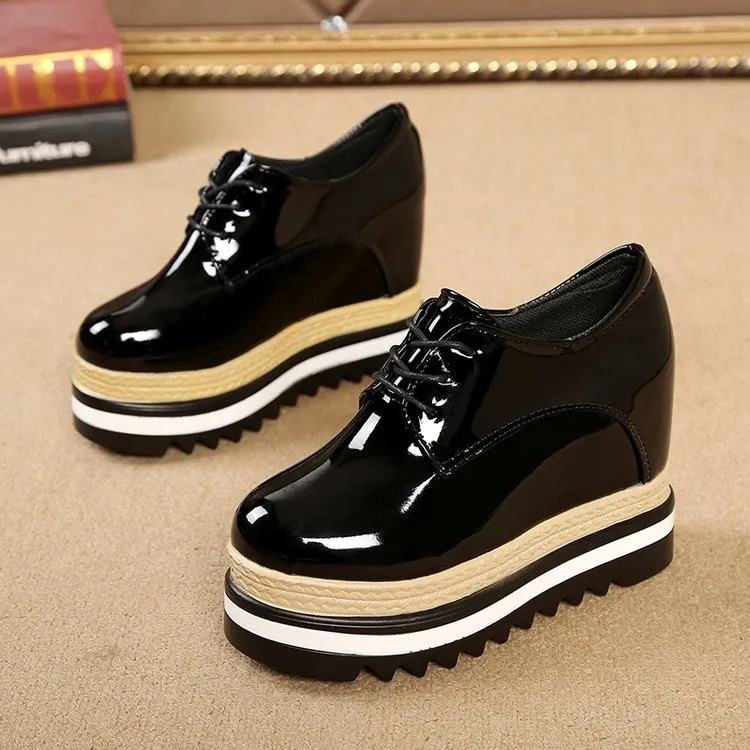 Amozae Brand Spring Casual Solid Women Shoes Patent Leather Lace-Up Loafers Platforms Sneakers British Style Ladies Oxfords W4