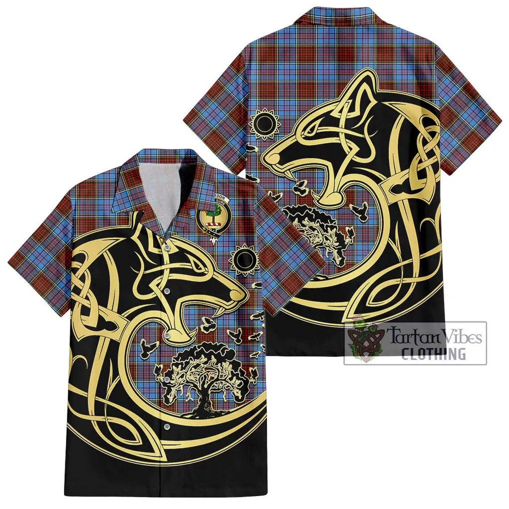 Anderson Modern Tartan Short Sleeve Button Shirt with Family Crest Celtic Wolf Style