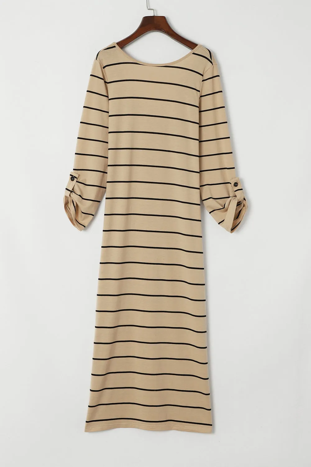 Apricot Striped Casual Slit Long Dress