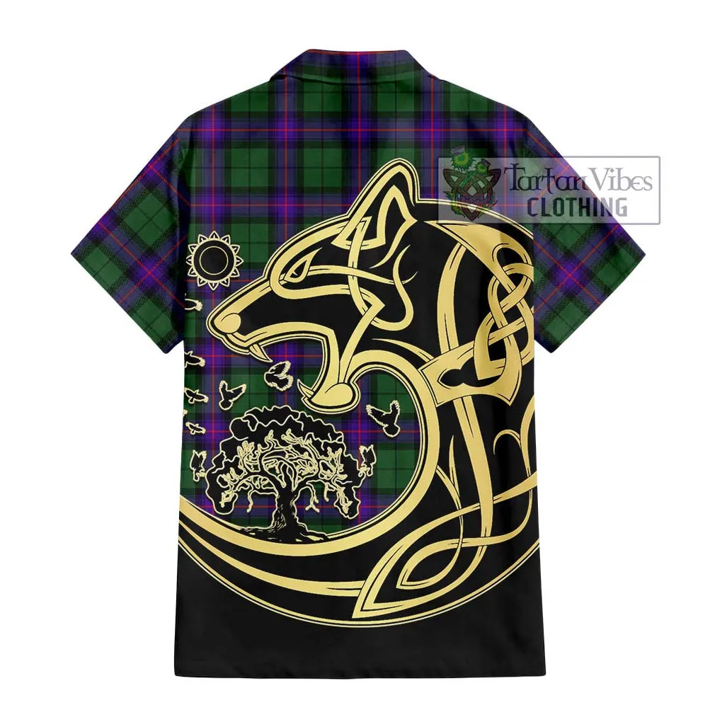 Armstrong Modern Tartan Short Sleeve Button Shirt with Family Crest Celtic Wolf Style