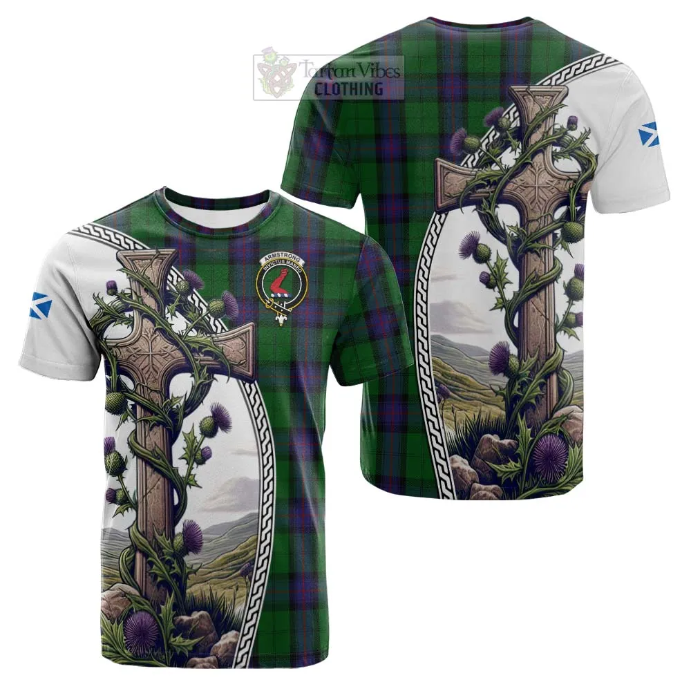 Armstrong Tartan Cotton T-shirt with Family Crest and St. Andrew's Cross Accented by Thistle Vines