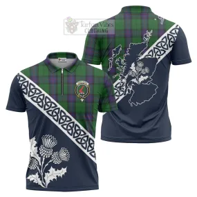 Armstrong Tartan Zipper Polo Shirt Featuring Thistle and Scotland Map