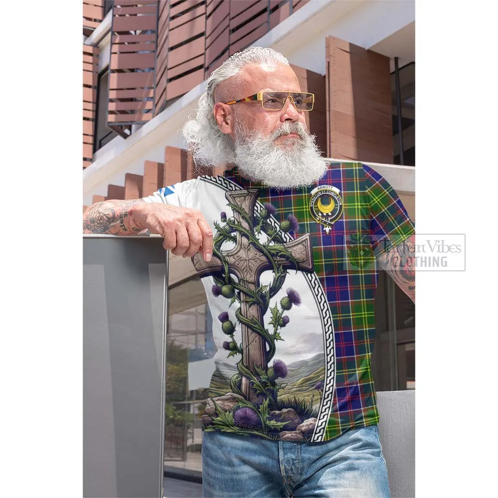 Arnott Tartan Cotton T-shirt with Family Crest and St. Andrew's Cross Accented by Thistle Vines