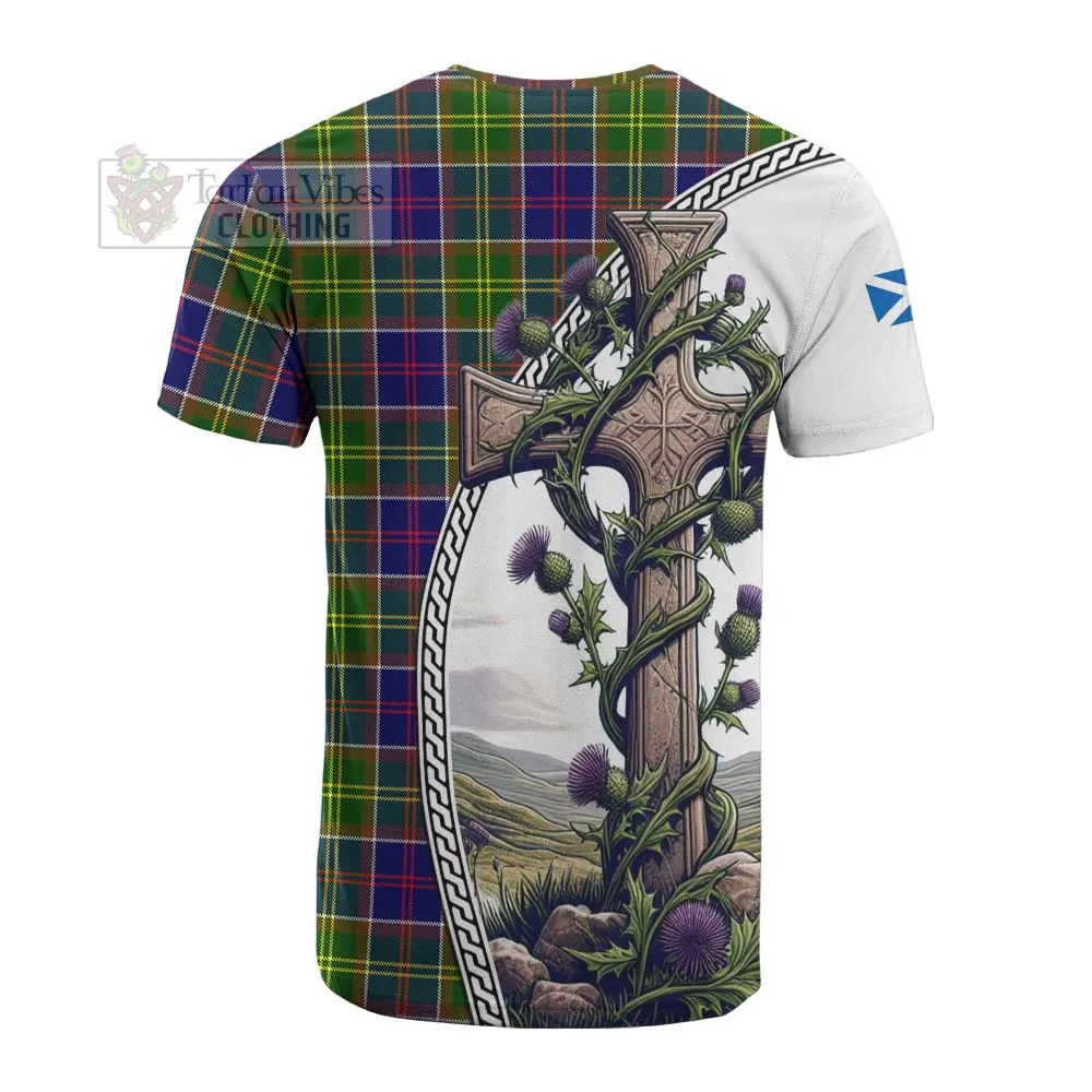 Arnott Tartan Cotton T-shirt with Family Crest and St. Andrew's Cross Accented by Thistle Vines