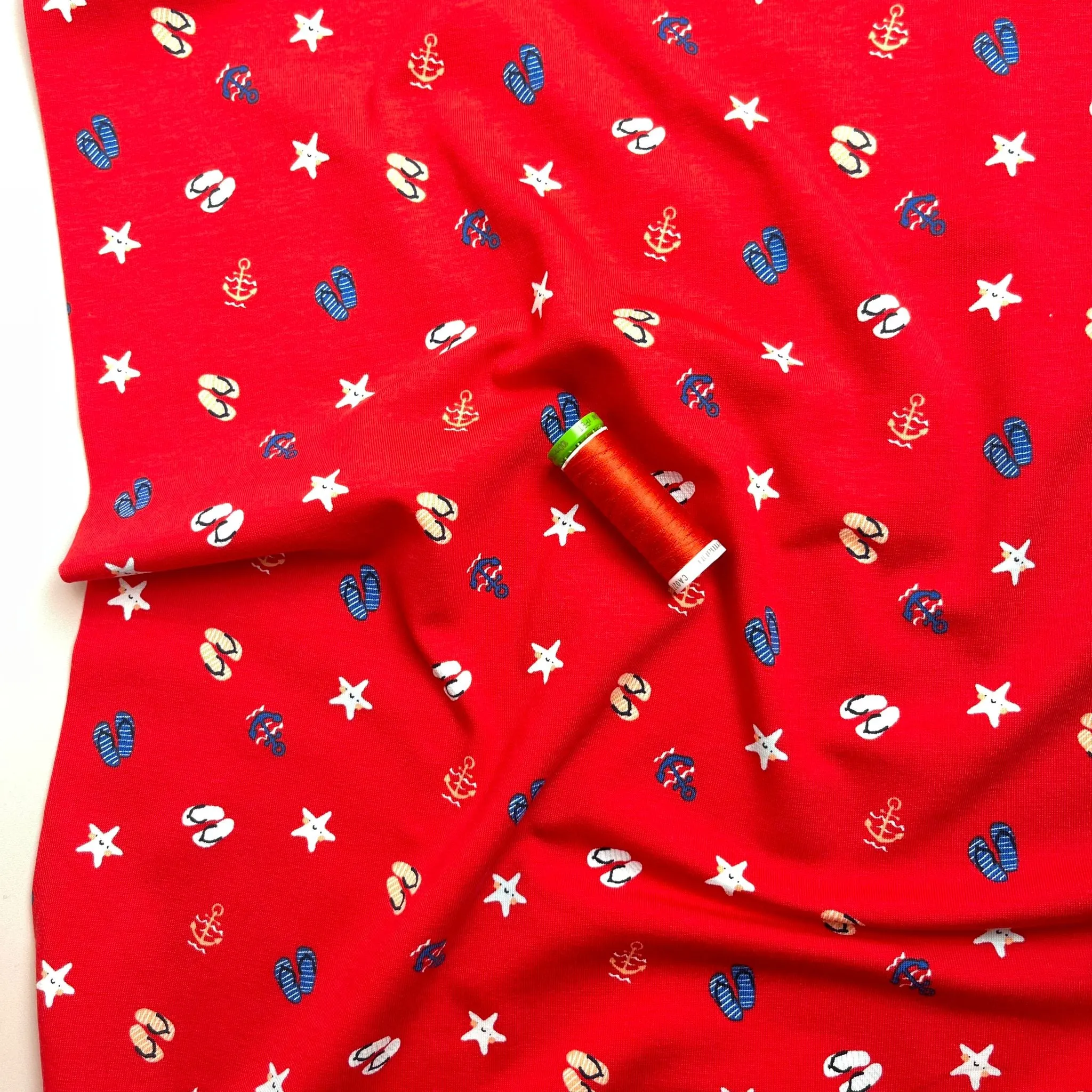 At The Beach Red Cotton Jersey Fabric