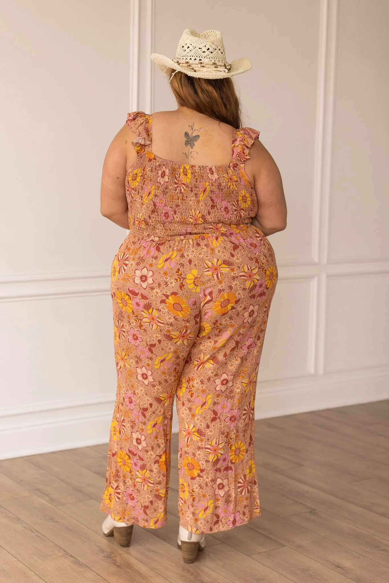 Beige Retro Floral Jumpsuit