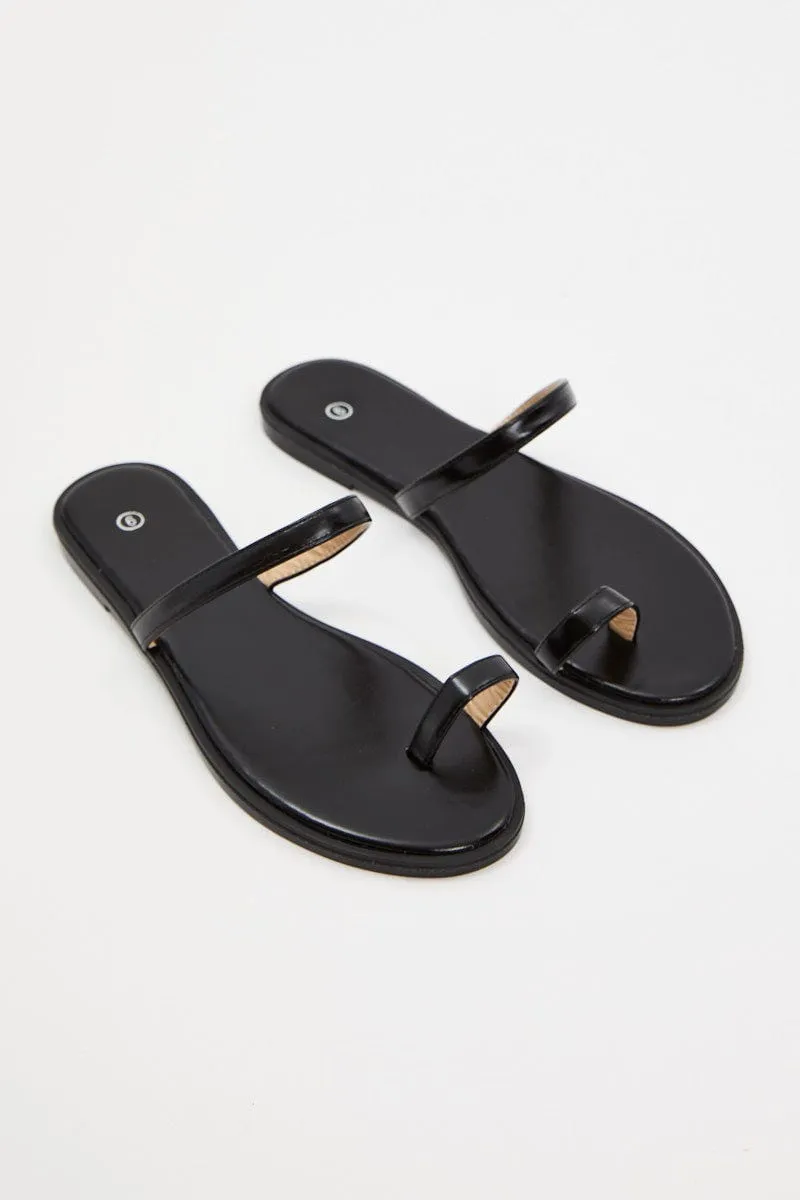 Black Faux Leather Minimal Flat Slides