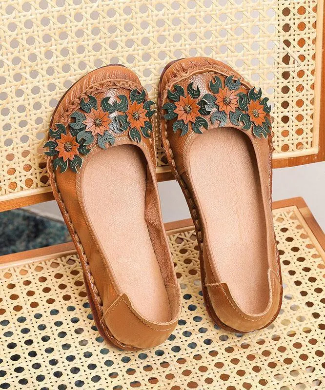 Black Floral Cowhide Leather Flats Splicing Flat Feet Shoes