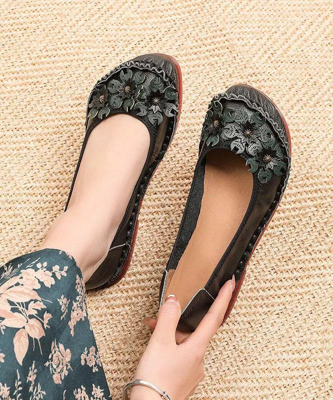 Black Floral Cowhide Leather Flats Splicing Flat Feet Shoes