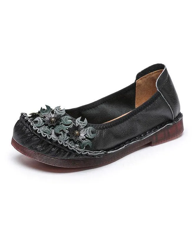 Black Floral Cowhide Leather Flats Splicing Flat Feet Shoes