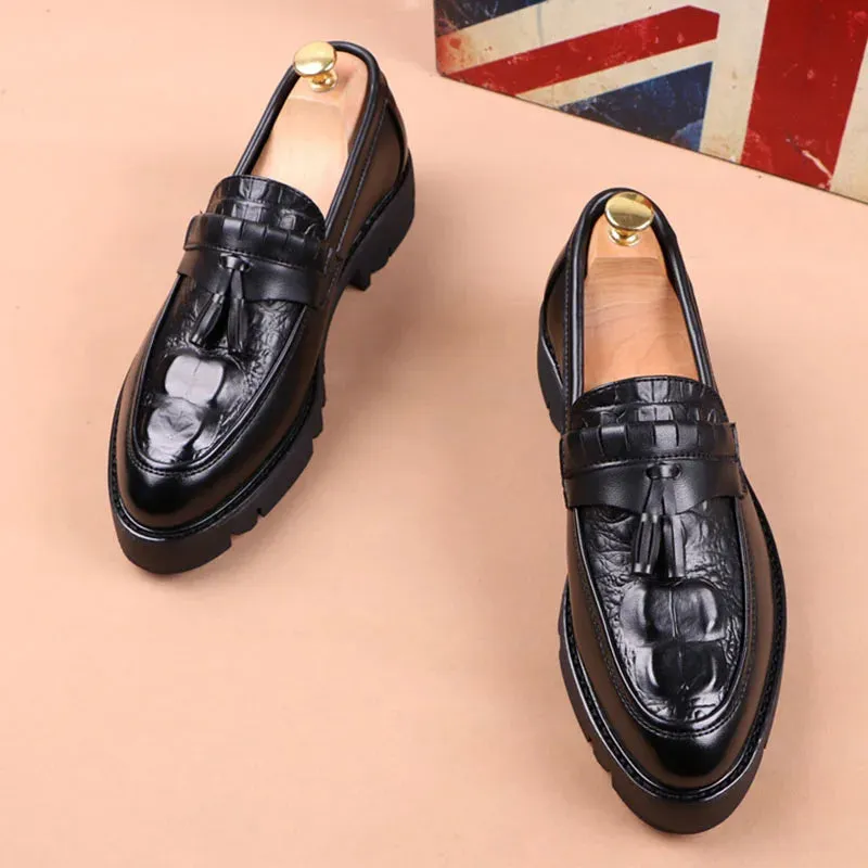 Black Genuine Leather Tassels Loafers