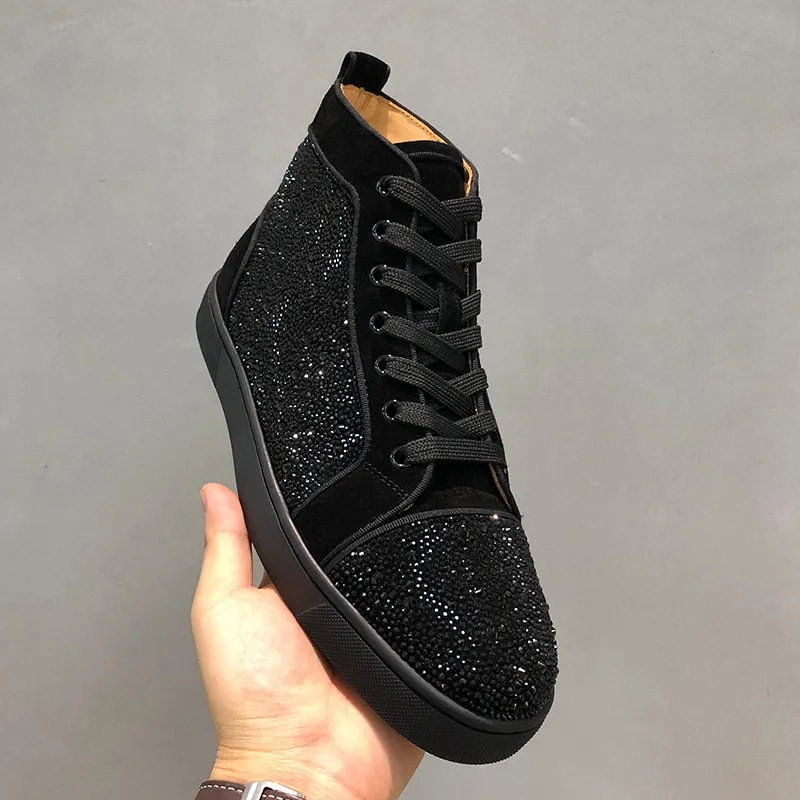 Black Suede Rhinestone High Top Sneakers