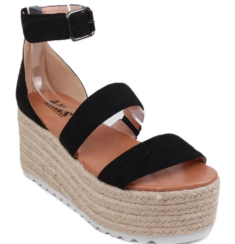 Black Woven Faux Suede Strap Platform Espadrille Sandals Casual Womens