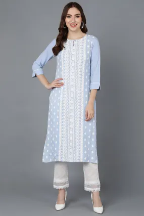 Blue Poly Silk Thread Embroidered Straight Kurti