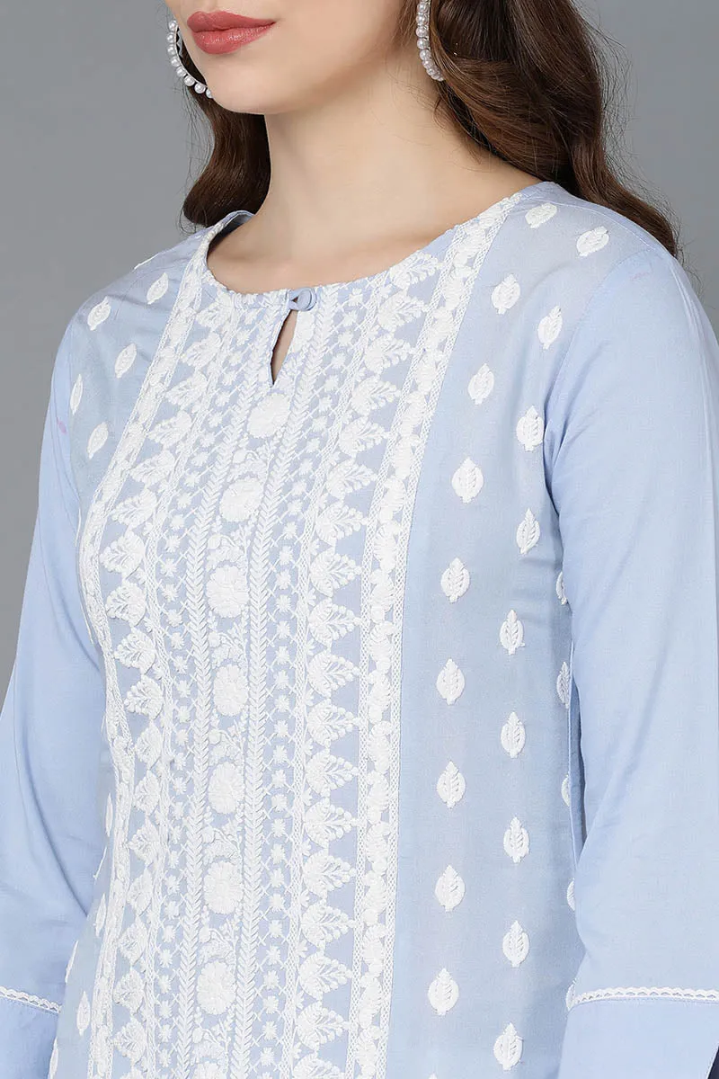 Blue Poly Silk Thread Embroidered Straight Kurti