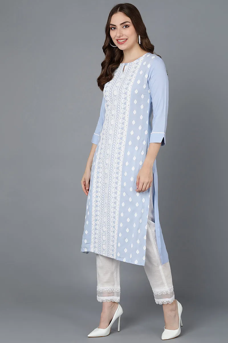 Blue Poly Silk Thread Embroidered Straight Kurti