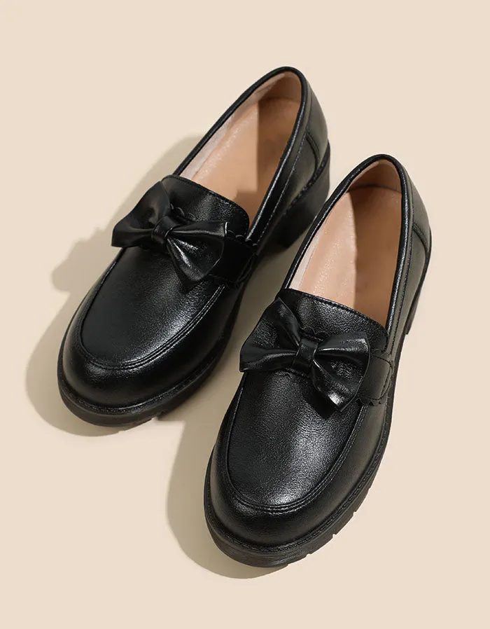 Bowknot British Style Chunky Heel Loafers