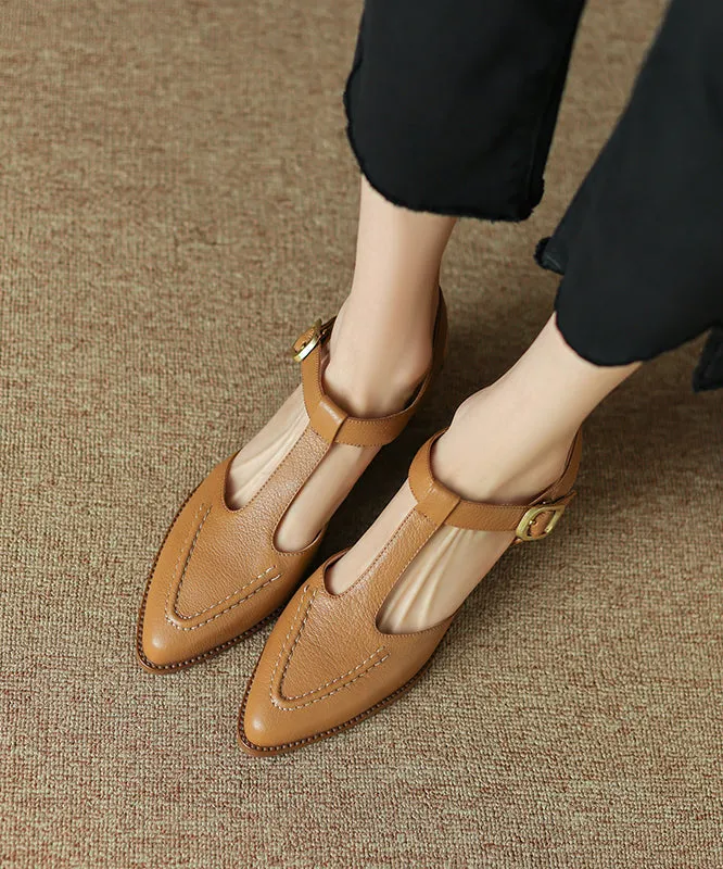 Brown Chunky Sheepskin Simple Splicing Sandals Hollow Out Pointed Toe AP1015