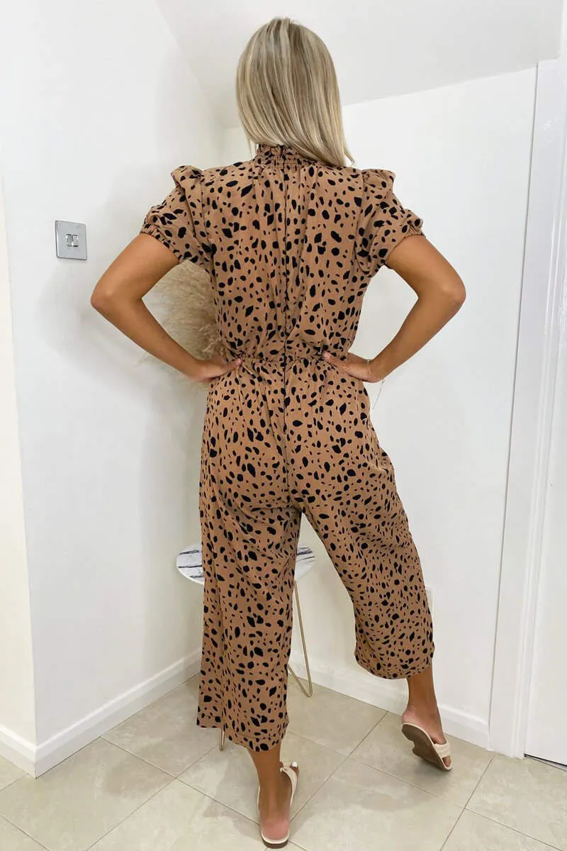 Camel Spot Printed High Neck Culotte Jumpsuit