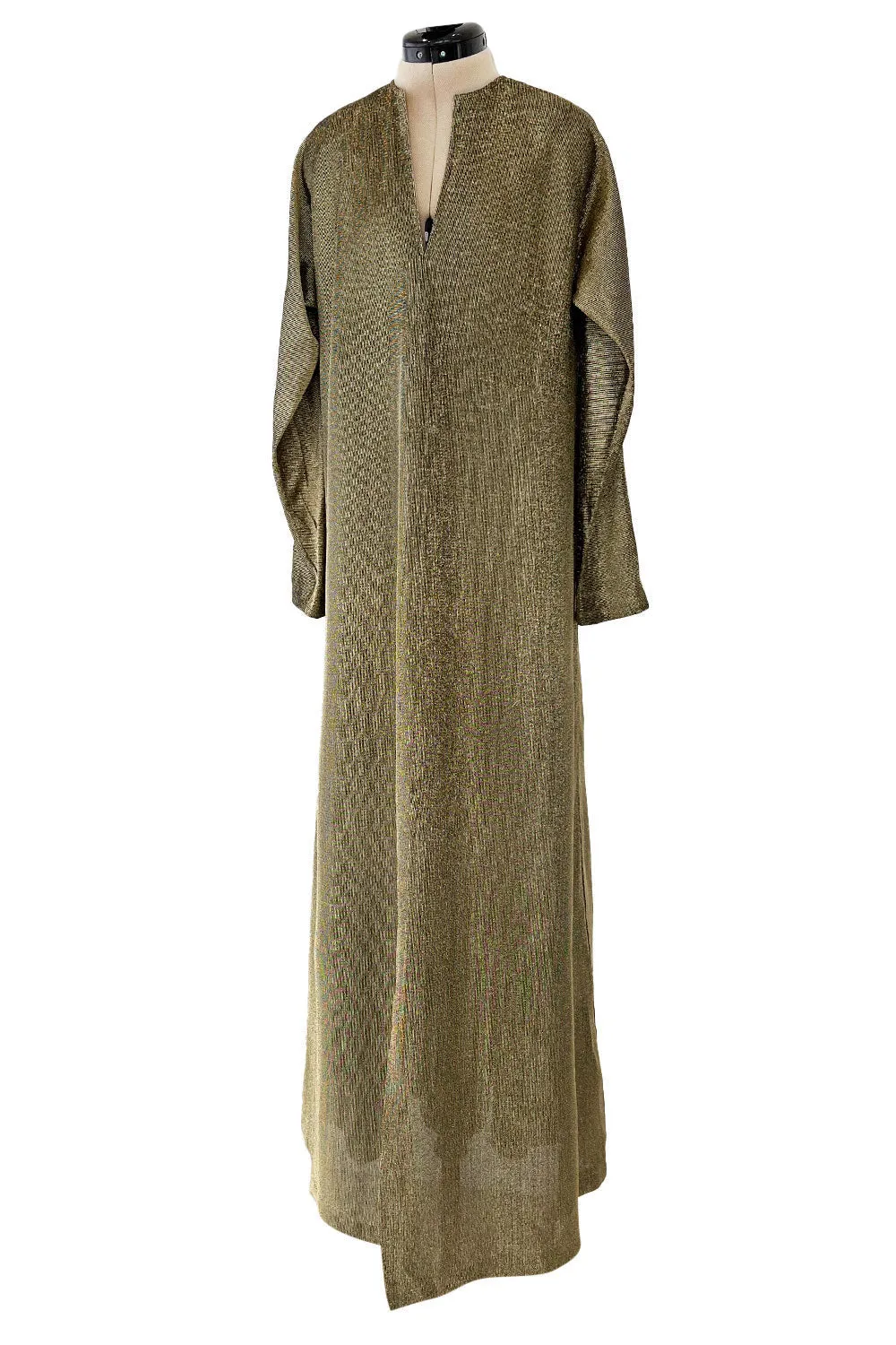 Chic 1970s Halston Deep Metallic Gold Lame Lurex Full Length Caftan Dress w Notched Neckline