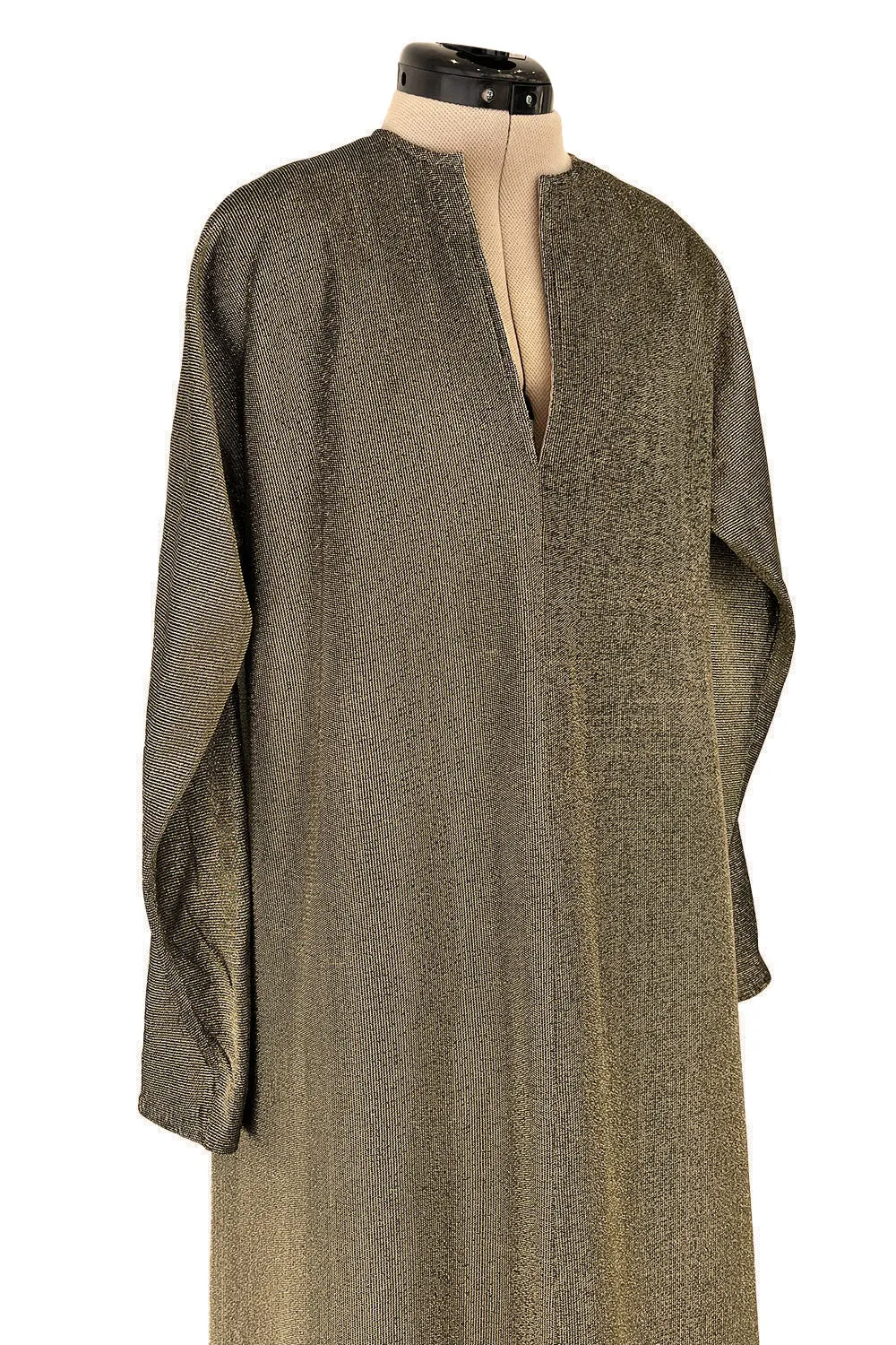 Chic 1970s Halston Deep Metallic Gold Lame Lurex Full Length Caftan Dress w Notched Neckline