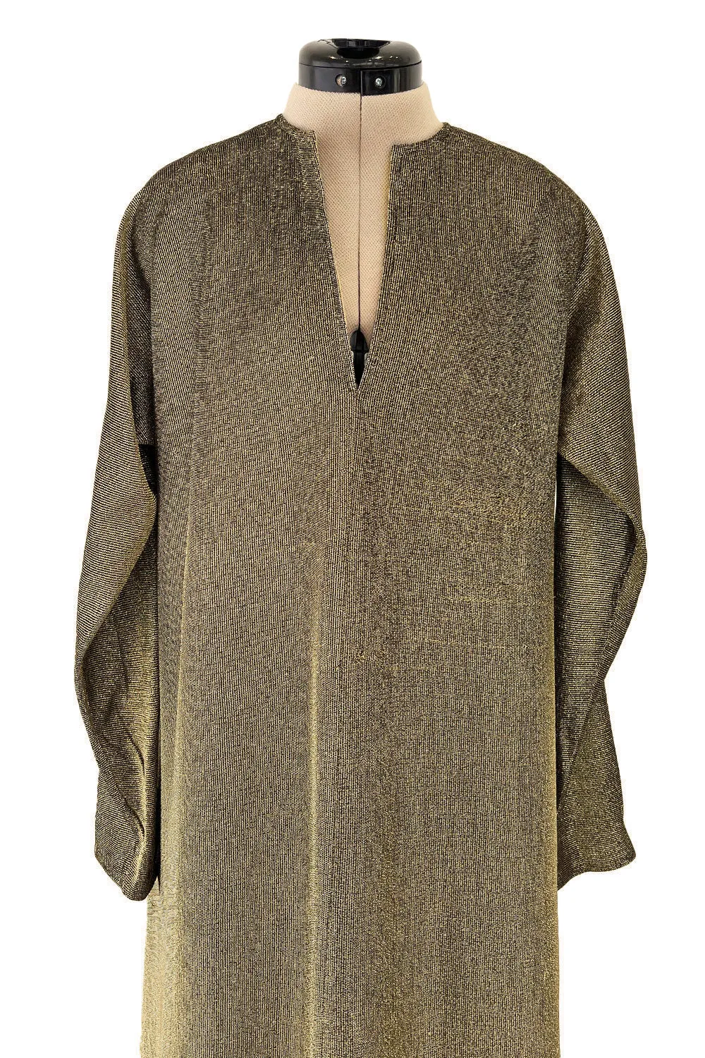 Chic 1970s Halston Deep Metallic Gold Lame Lurex Full Length Caftan Dress w Notched Neckline