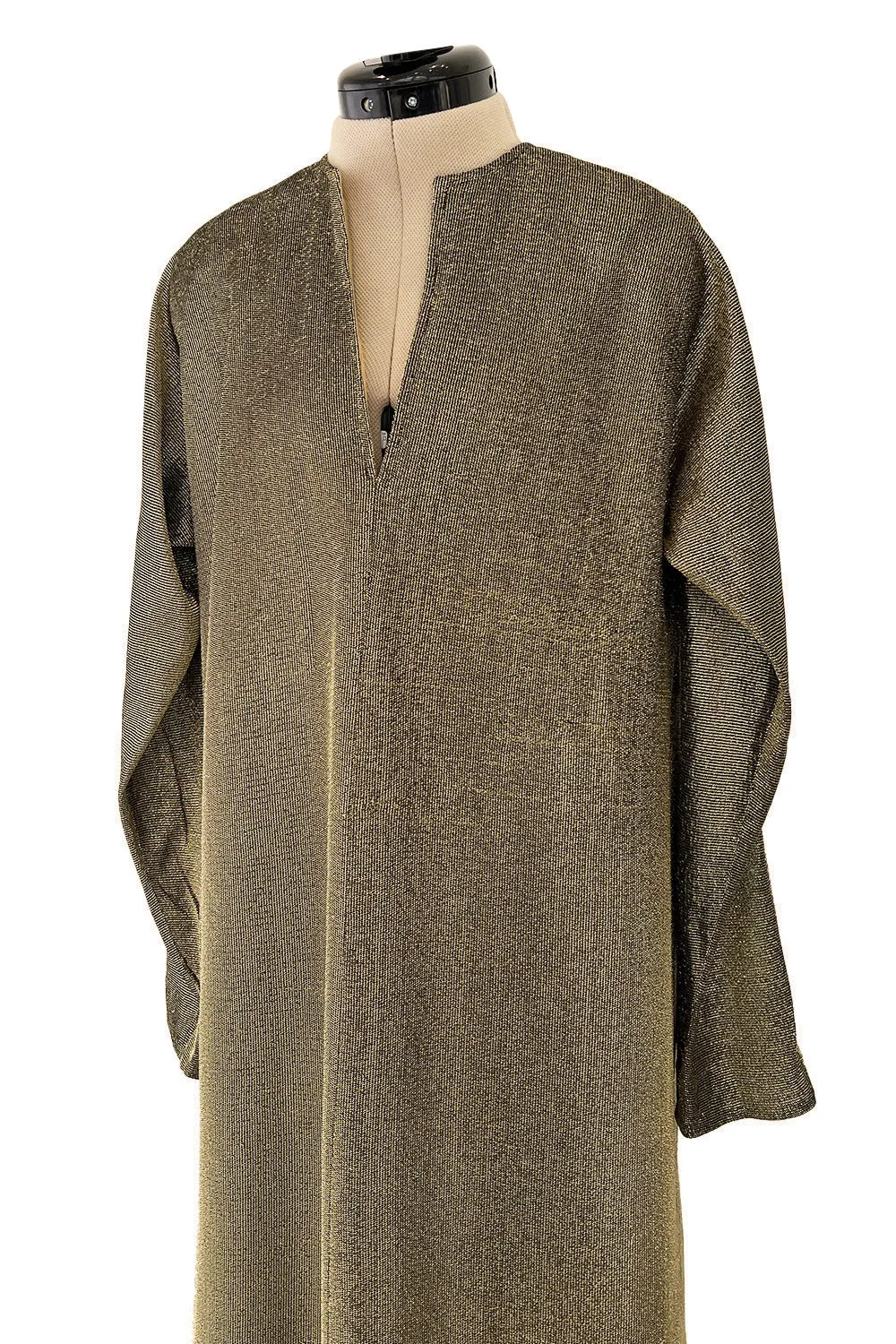 Chic 1970s Halston Deep Metallic Gold Lame Lurex Full Length Caftan Dress w Notched Neckline