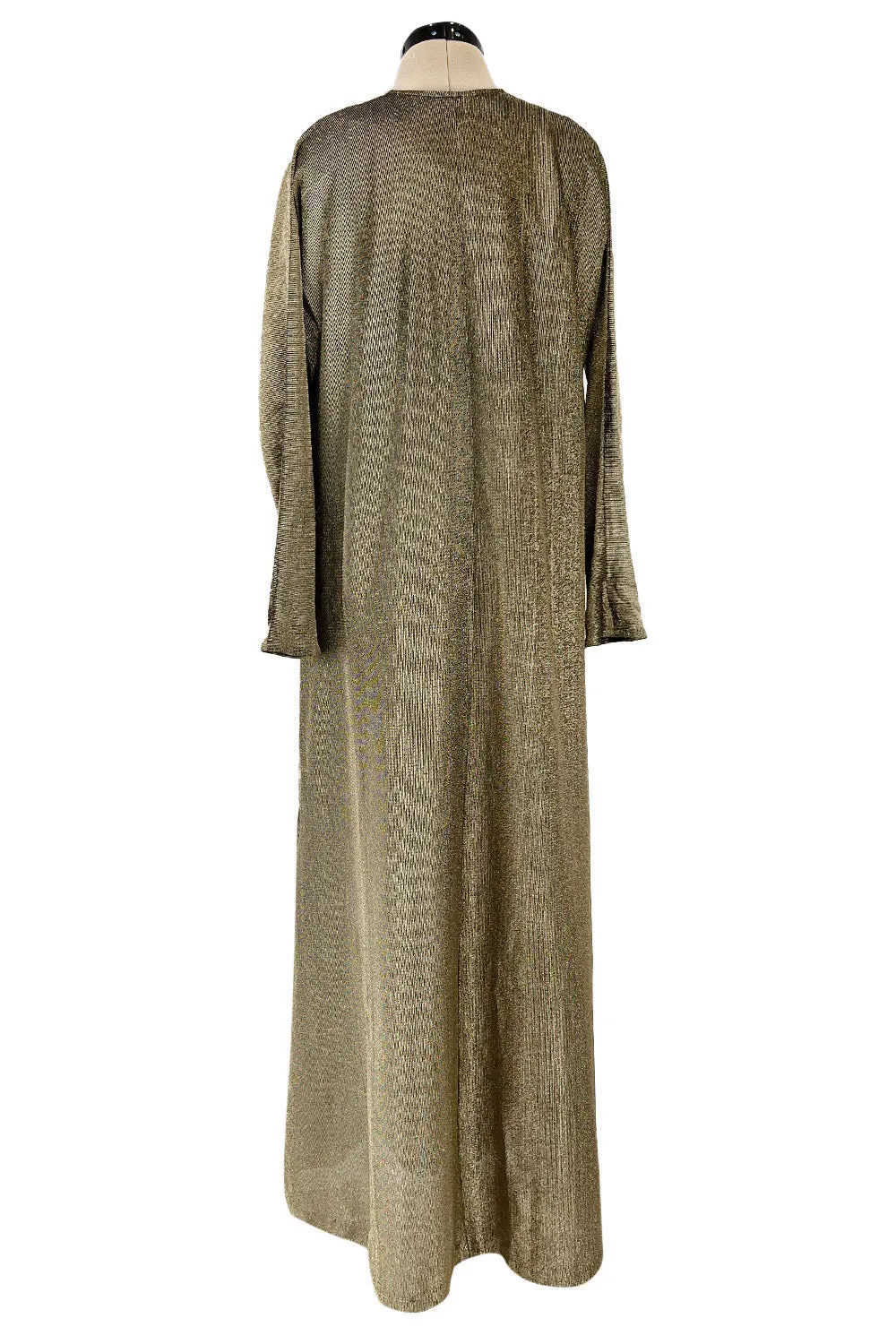 Chic 1970s Halston Deep Metallic Gold Lame Lurex Full Length Caftan Dress w Notched Neckline